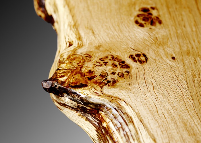 close up of Oak waney edge. burr filled with resin. dining table july 2015