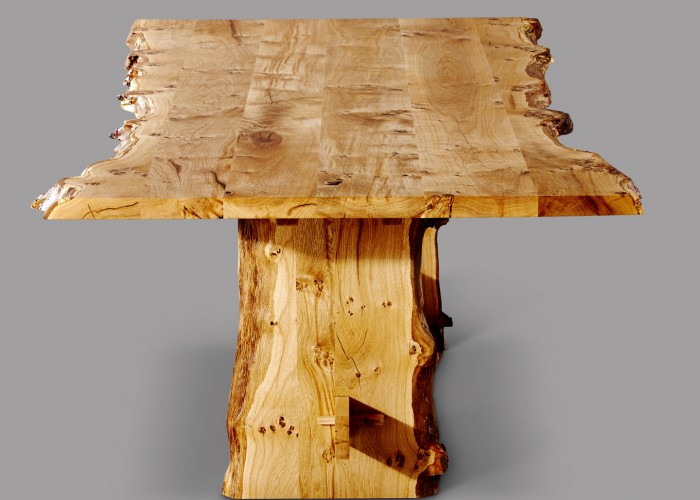 Wider shot of Oak dining table. The shot really shows how wild the natural waney edge is.